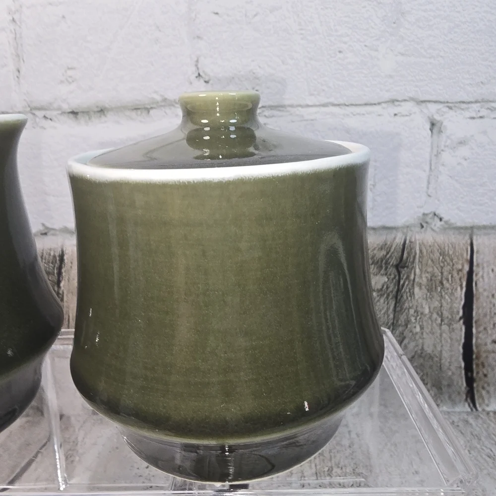VINTAGE MID CENTURY MODERN CREAM AND SUGAR BOWL DARK JADE GREEN FROM JAPAN EUC